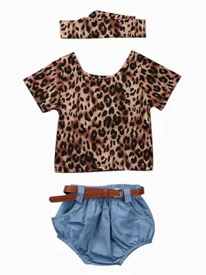 4-Piece Stylish Clothes Outfits Leopard Print T-shirt Short Pants with Belt Headband