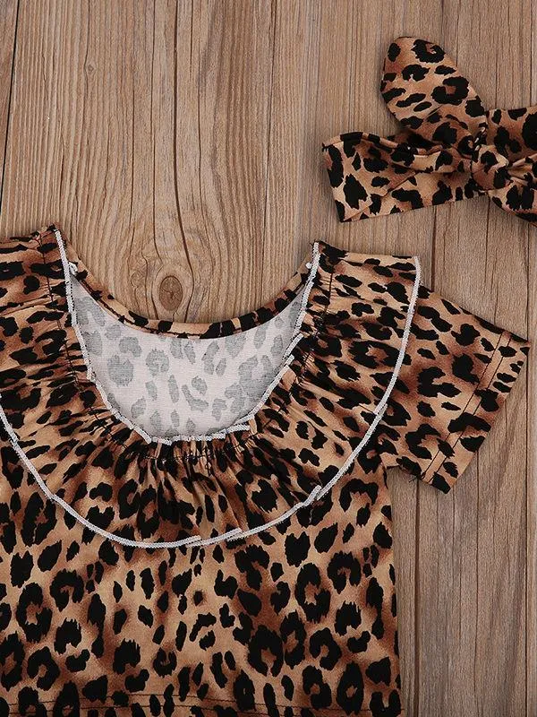 4-Piece Stylish Clothes Outfits Leopard Print T-shirt Short Pants with Belt Headband