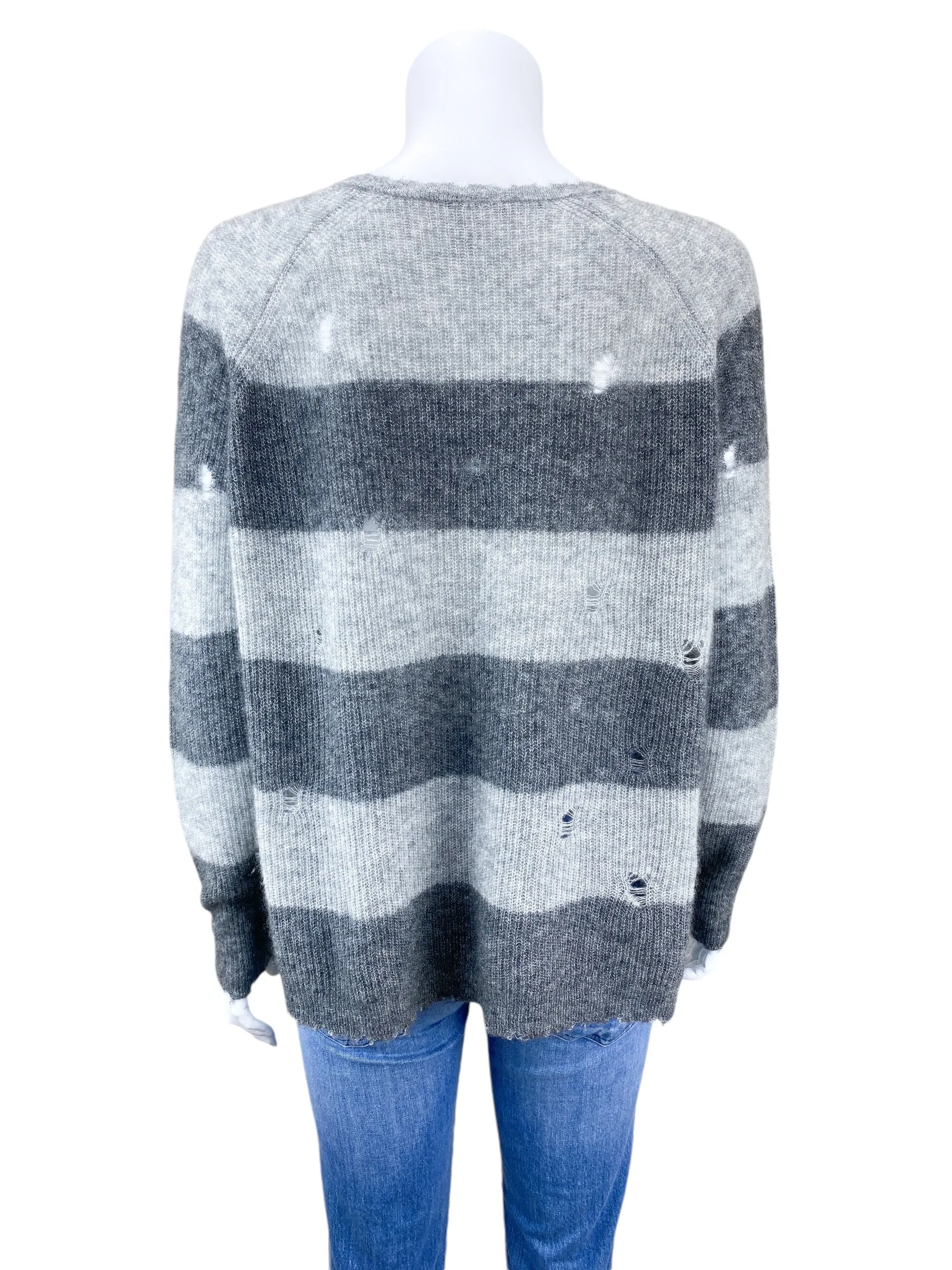 Autumn Cashmere Women's Distressed Cashmere Silk Stripe Sweater Grey Heather Size M