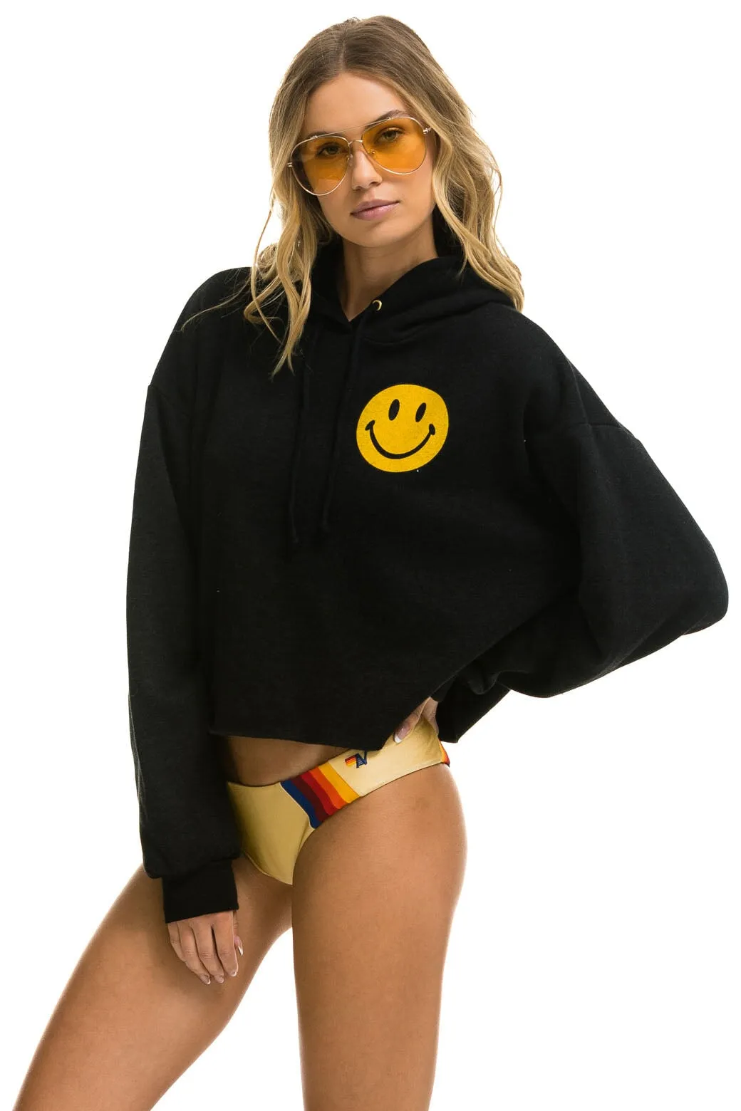 Aviator Nation Smiley 2 Relax Cropped Pullover Hoodie in Black