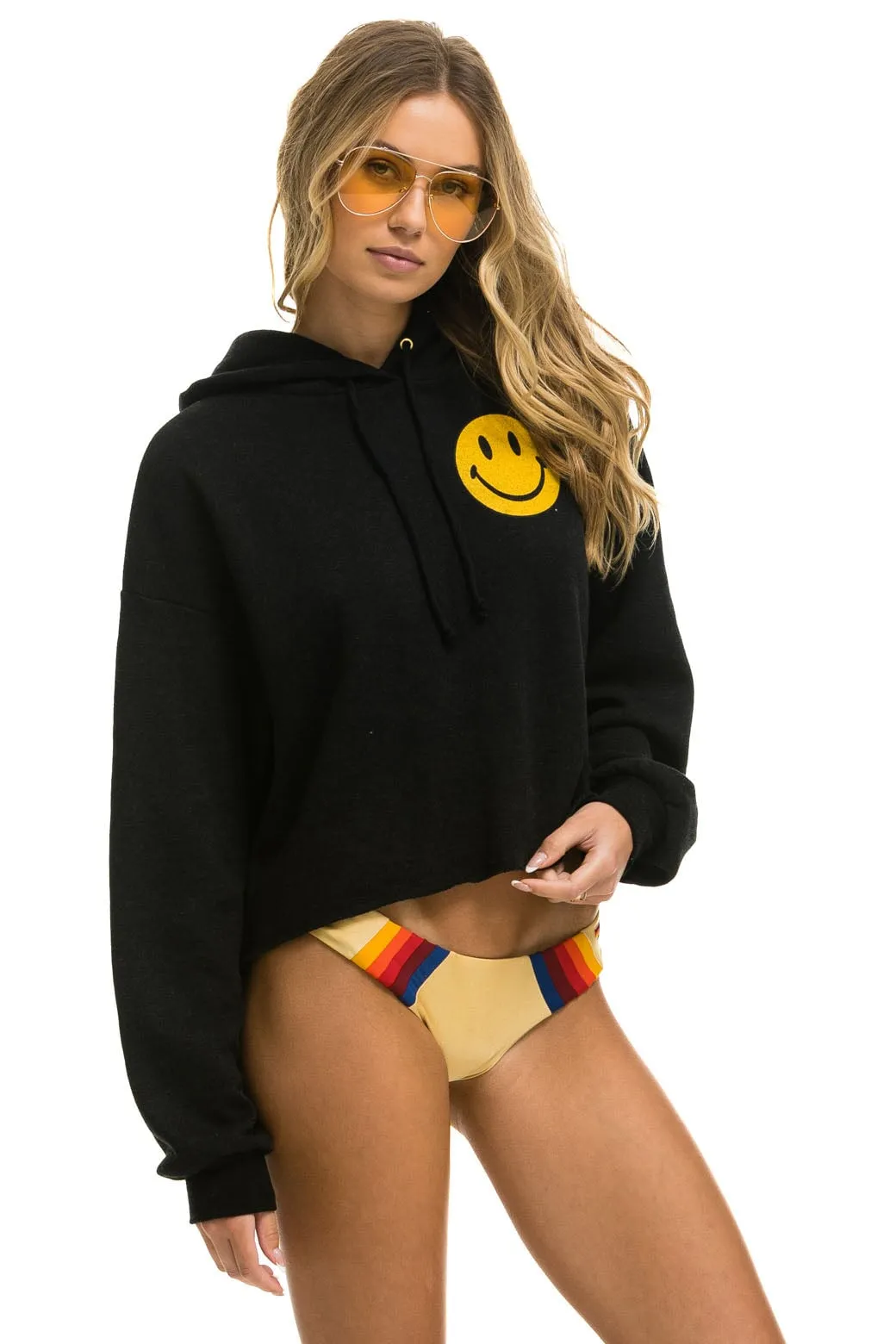 Aviator Nation Smiley 2 Relax Cropped Pullover Hoodie in Black