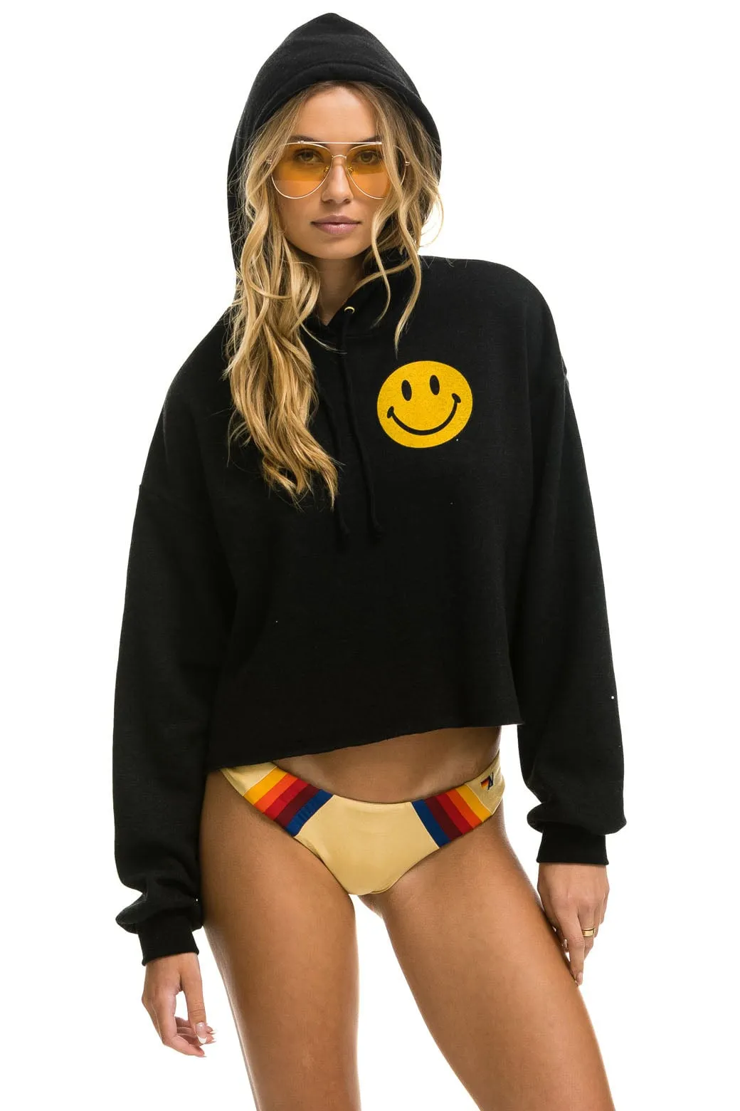 Aviator Nation Smiley 2 Relax Cropped Pullover Hoodie in Black