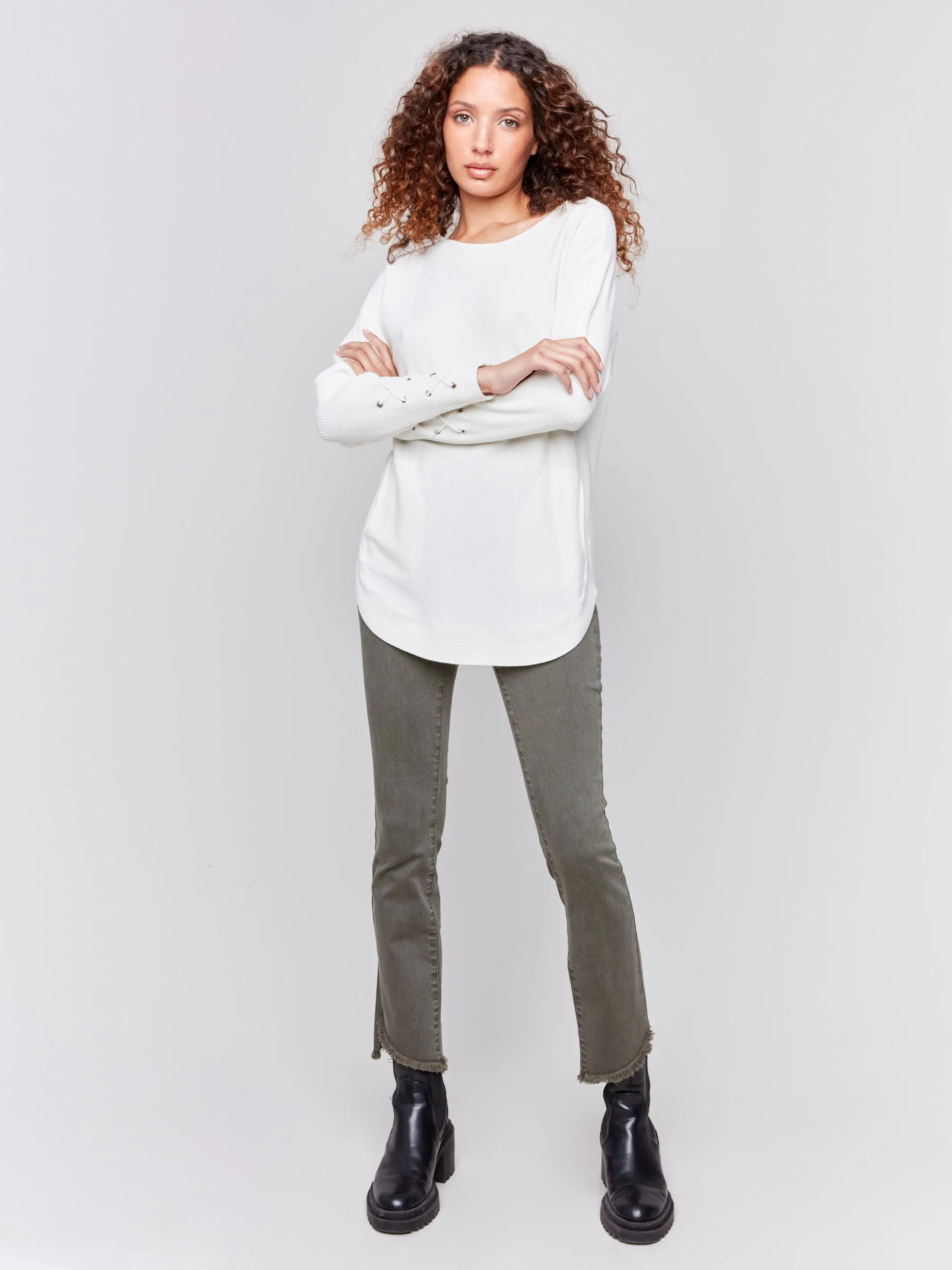 Bootcut Twill Pants with Asymmetrical Hem - Spruce