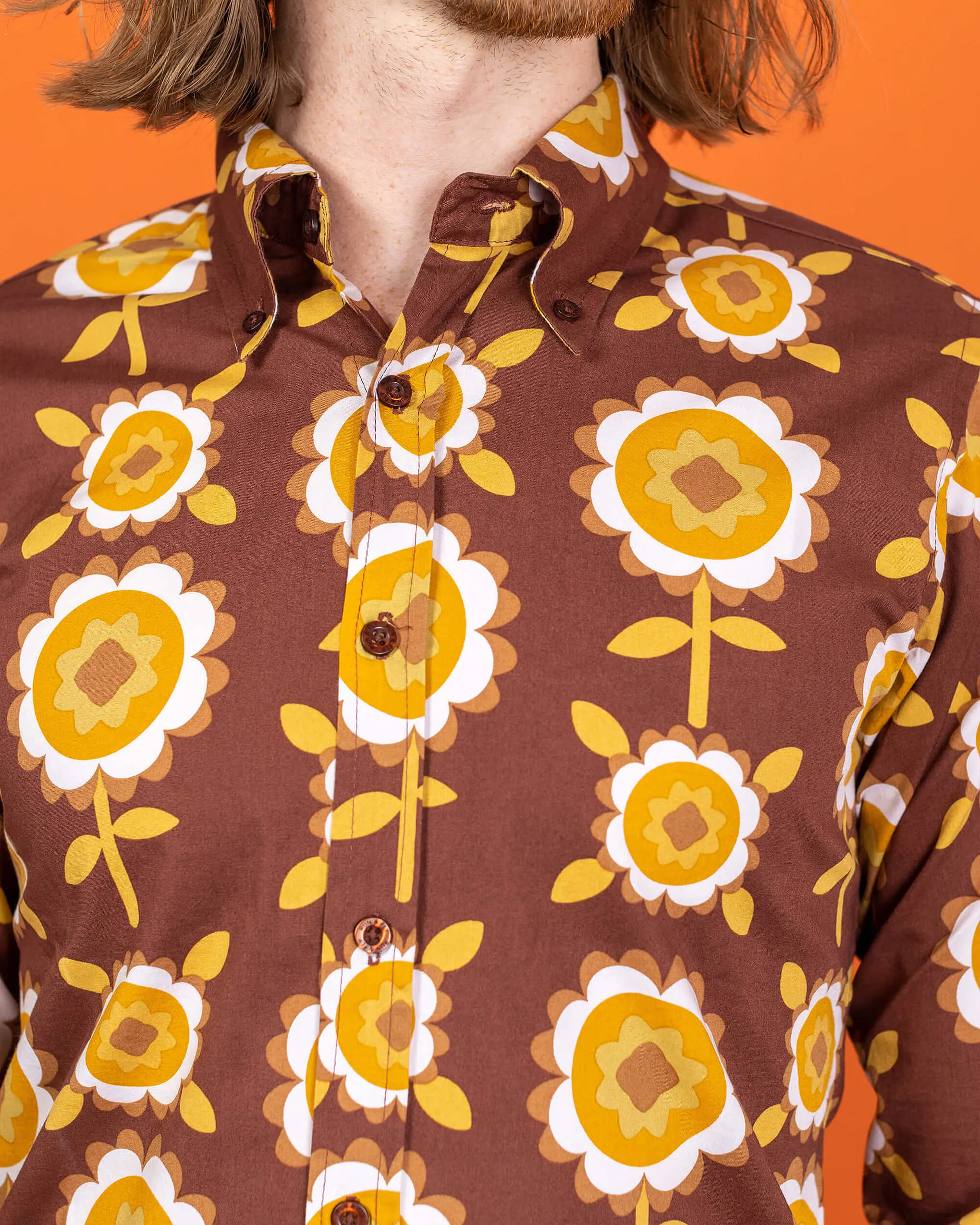 Brown Retro Flowers Long Sleeve Shirt