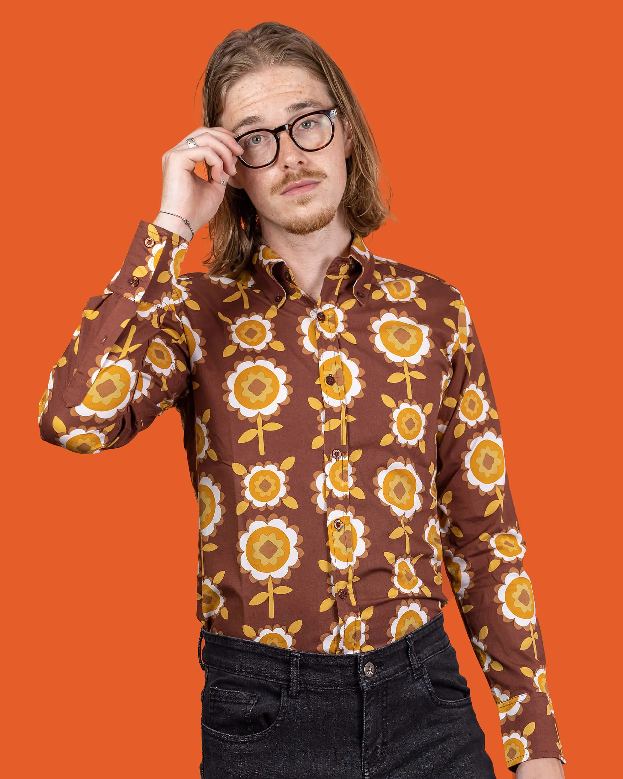 Brown Retro Flowers Long Sleeve Shirt