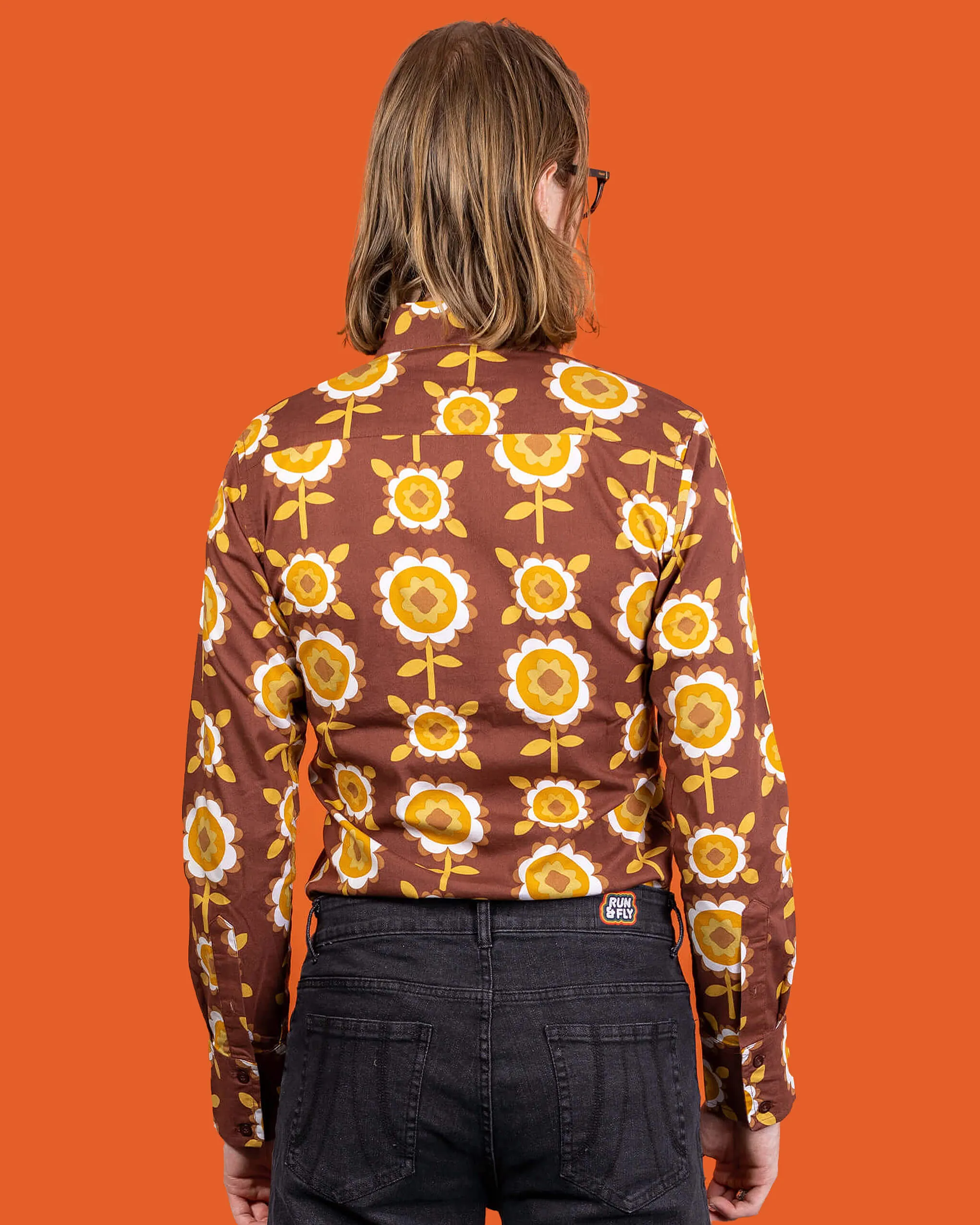 Brown Retro Flowers Long Sleeve Shirt