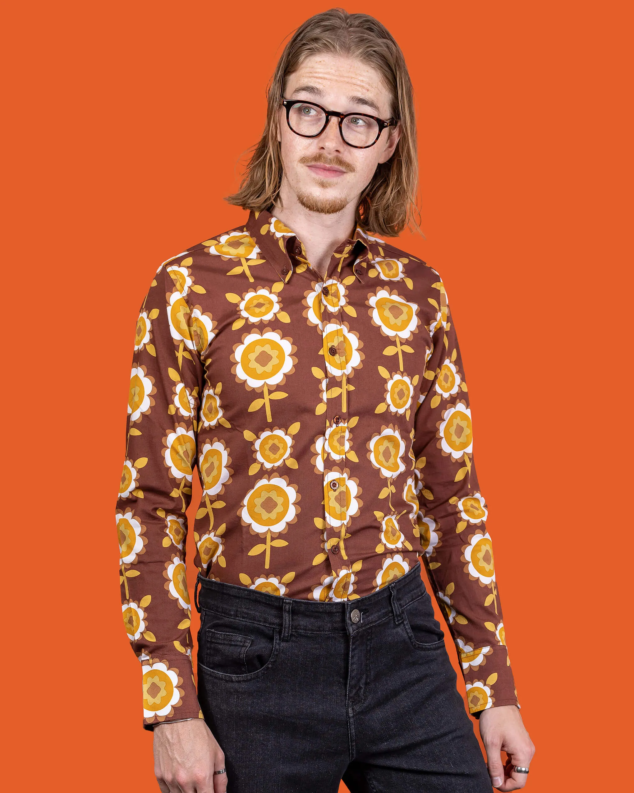 Brown Retro Flowers Long Sleeve Shirt