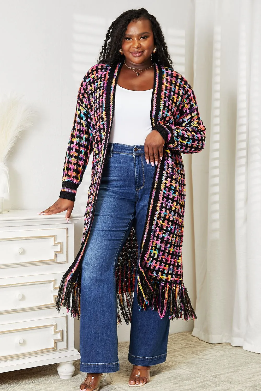 Cozy Fest Multicolored Open Front Fringe Hem Cardigan-Duster