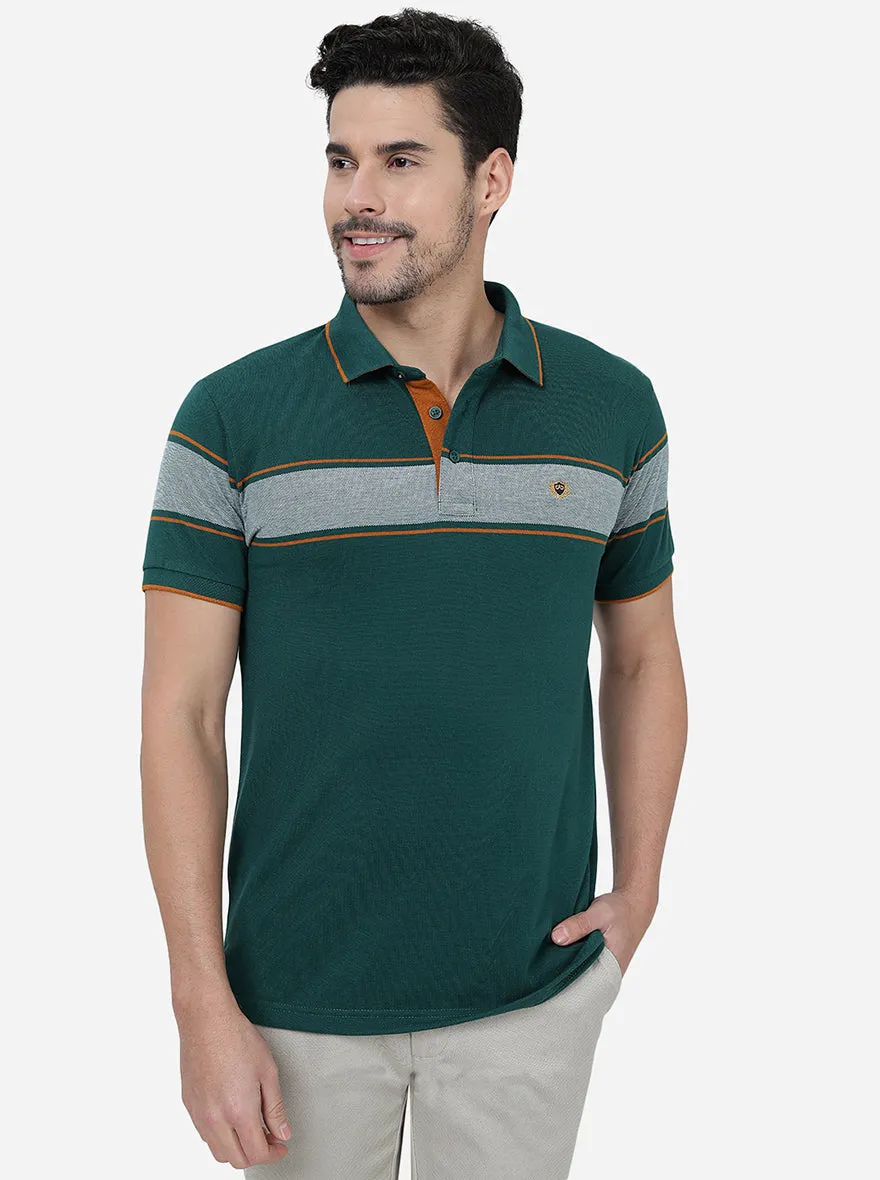 Dark Green Striped Slim Fit Polo T-Shirt | JadeBlue