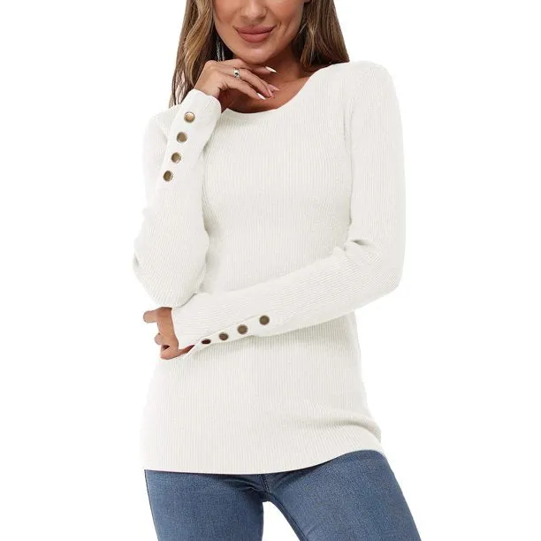 Fantaslook Sweaters for Women Knit Long Sleeve Crew Neck Button Stretch Fall Pullover Sweater