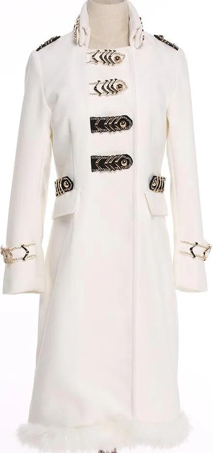 Fur-Trim White Coat with Gold Metal Hardware