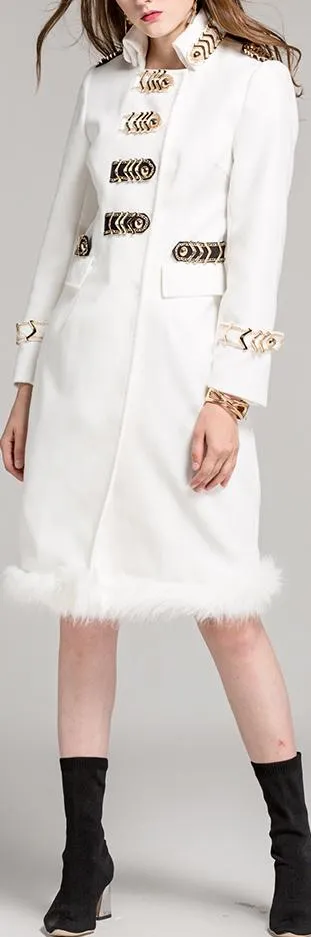 Fur-Trim White Coat with Gold Metal Hardware