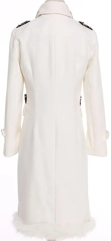 Fur-Trim White Coat with Gold Metal Hardware