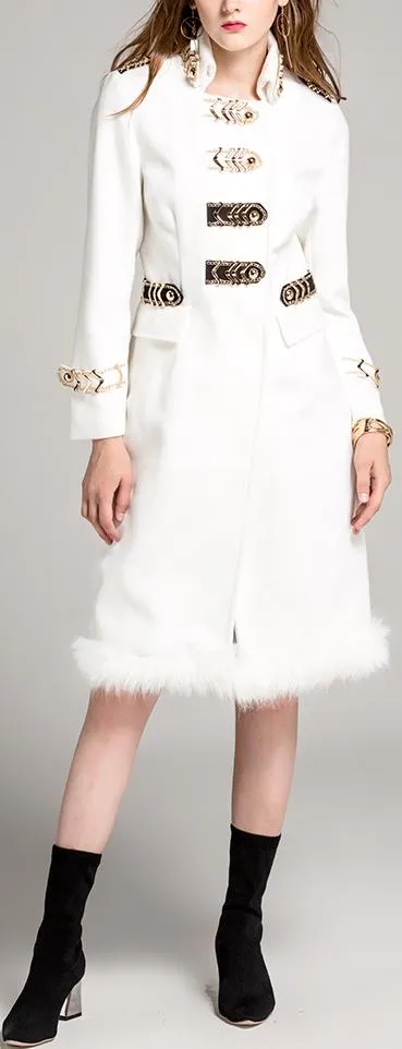 Fur-Trim White Coat with Gold Metal Hardware