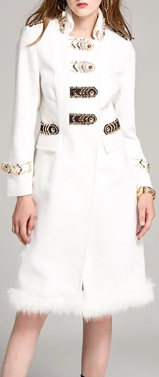 Fur-Trim White Coat with Gold Metal Hardware