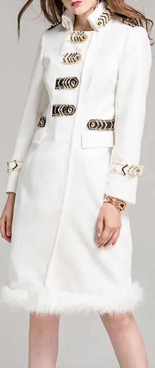 Fur-Trim White Coat with Gold Metal Hardware