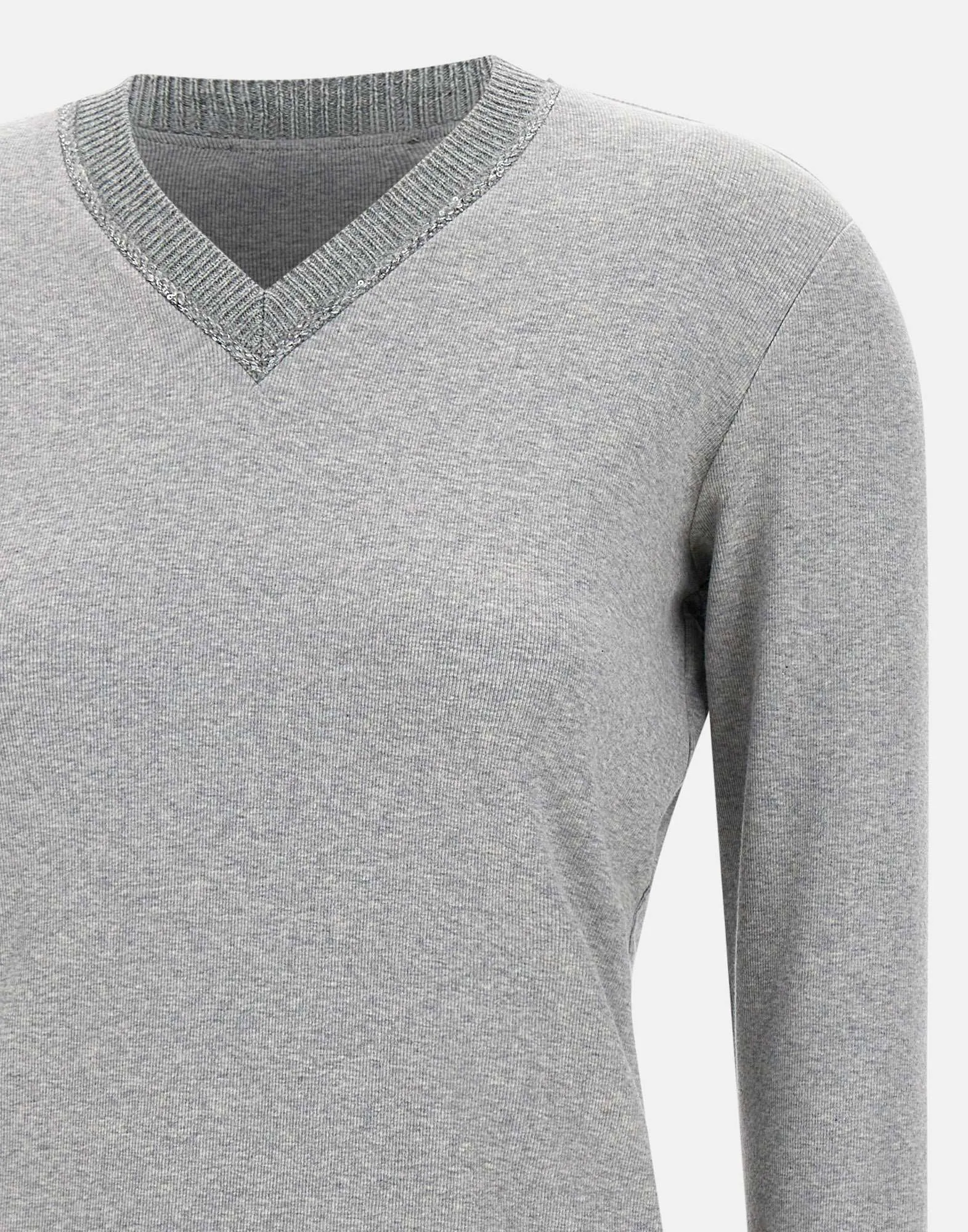 Grey Ribbed V-Neck Sweater with Sequins