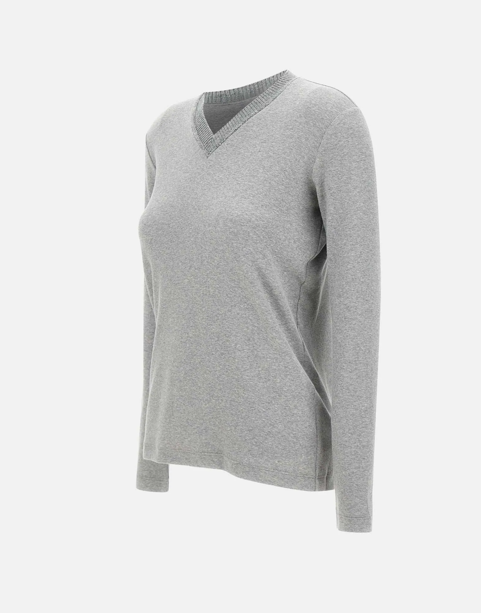 Grey Ribbed V-Neck Sweater with Sequins