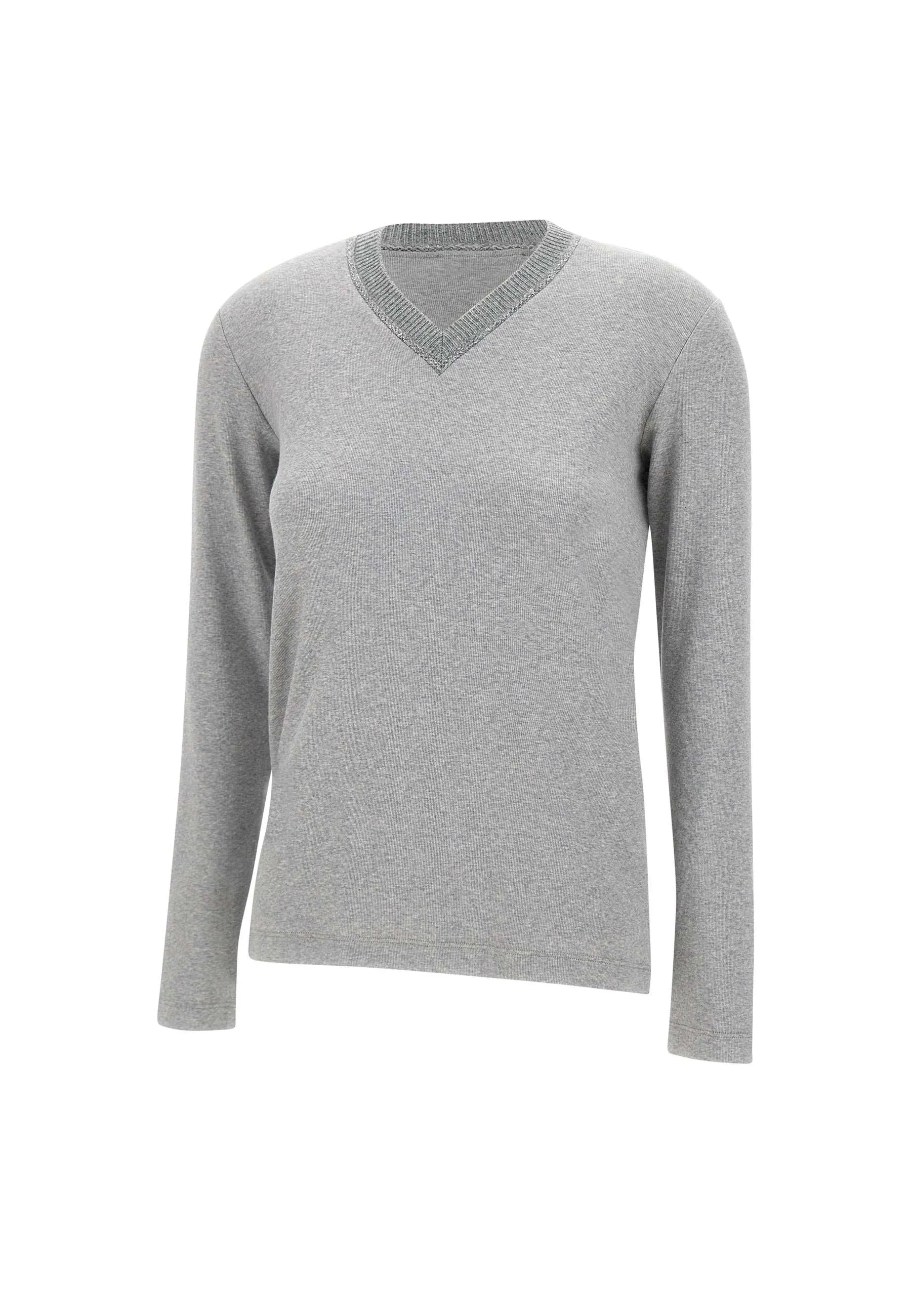 Grey Ribbed V-Neck Sweater with Sequins