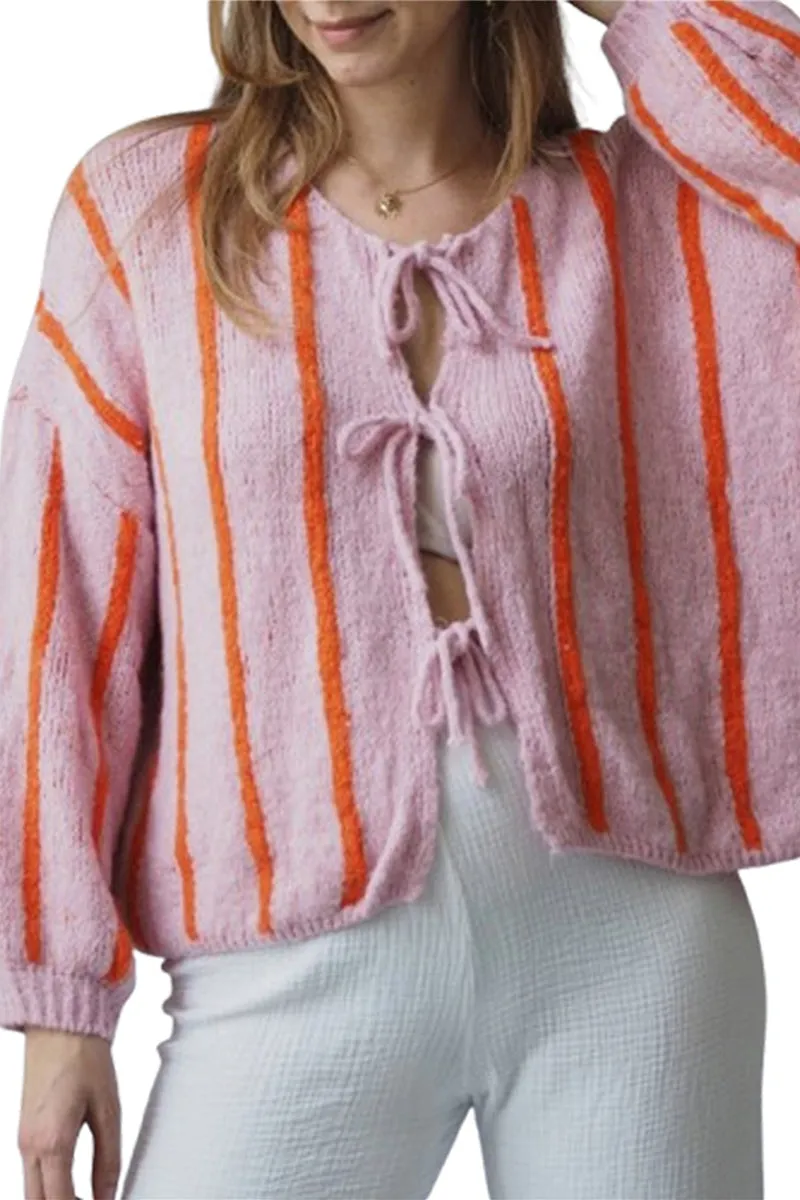 HWT1322 Cozy Stripe Tie-Front Knit Cardigan