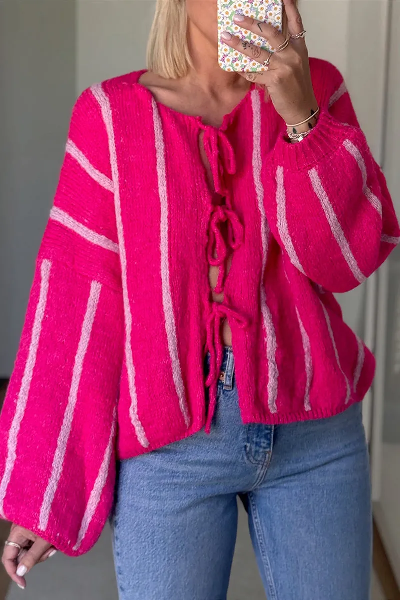 HWT1322 Cozy Stripe Tie-Front Knit Cardigan