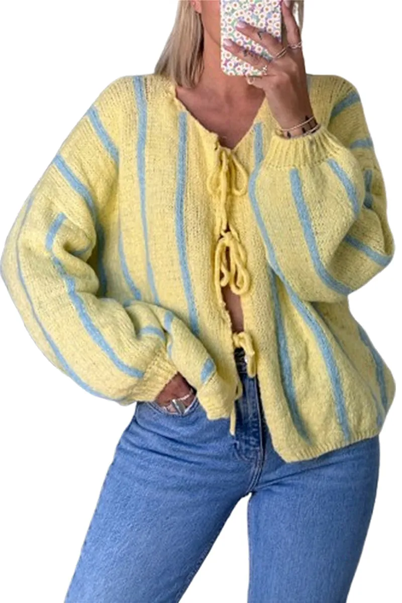 HWT1322 Cozy Stripe Tie-Front Knit Cardigan