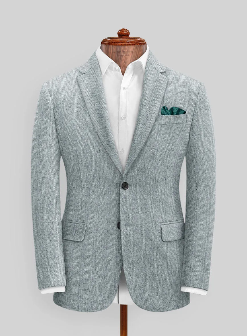 Italian Wide Herringbone Light Blue Tweed Jacket