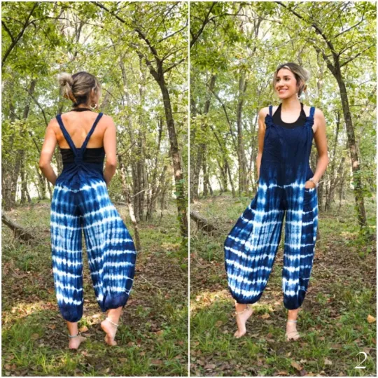 J59- Shibori Blue Tie Dye Hippie Racerback Jumpsuit Romper