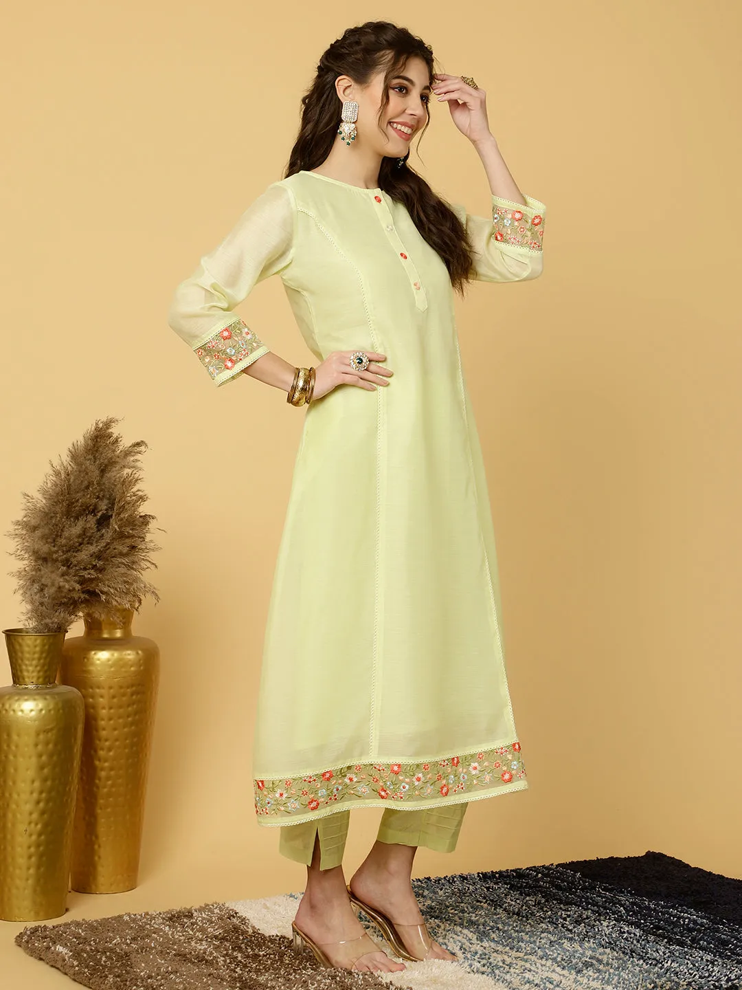 Lime Green Embroidered Art Silk Chanderi A-line Kurta With Pants And Dupatta