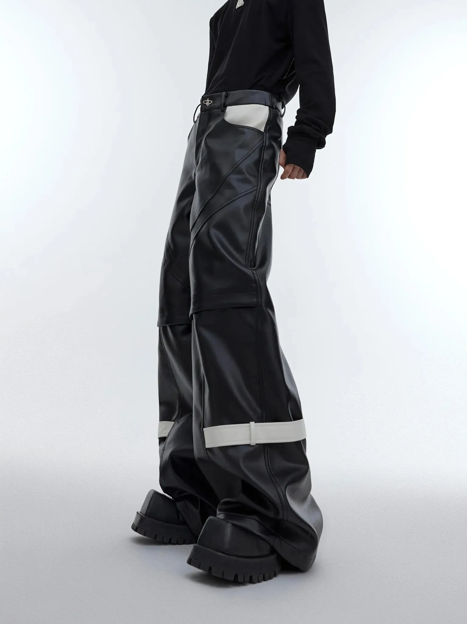 Lines Matte Faux Leather Pants | Belted Patchwork Wide-Leg Trousers