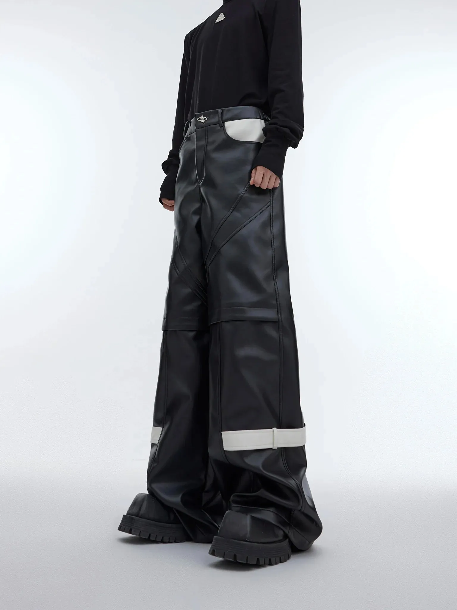 Lines Matte Faux Leather Pants | Belted Patchwork Wide-Leg Trousers