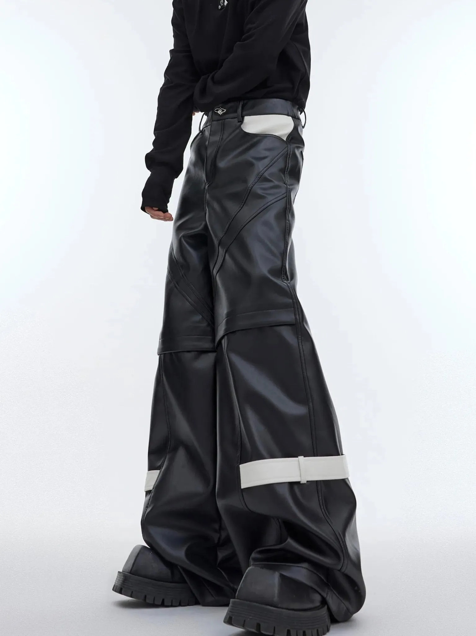 Lines Matte Faux Leather Pants | Belted Patchwork Wide-Leg Trousers