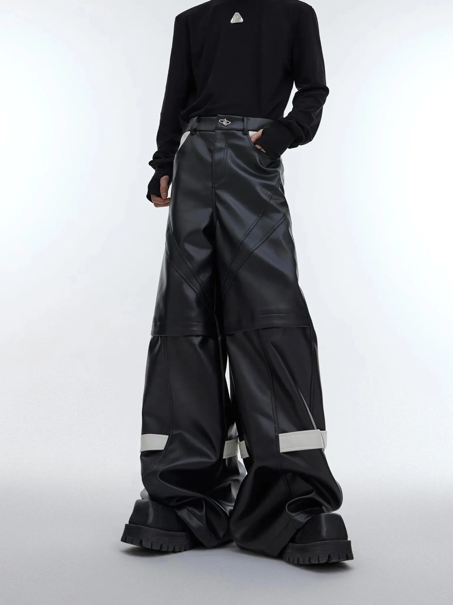 Lines Matte Faux Leather Pants | Belted Patchwork Wide-Leg Trousers