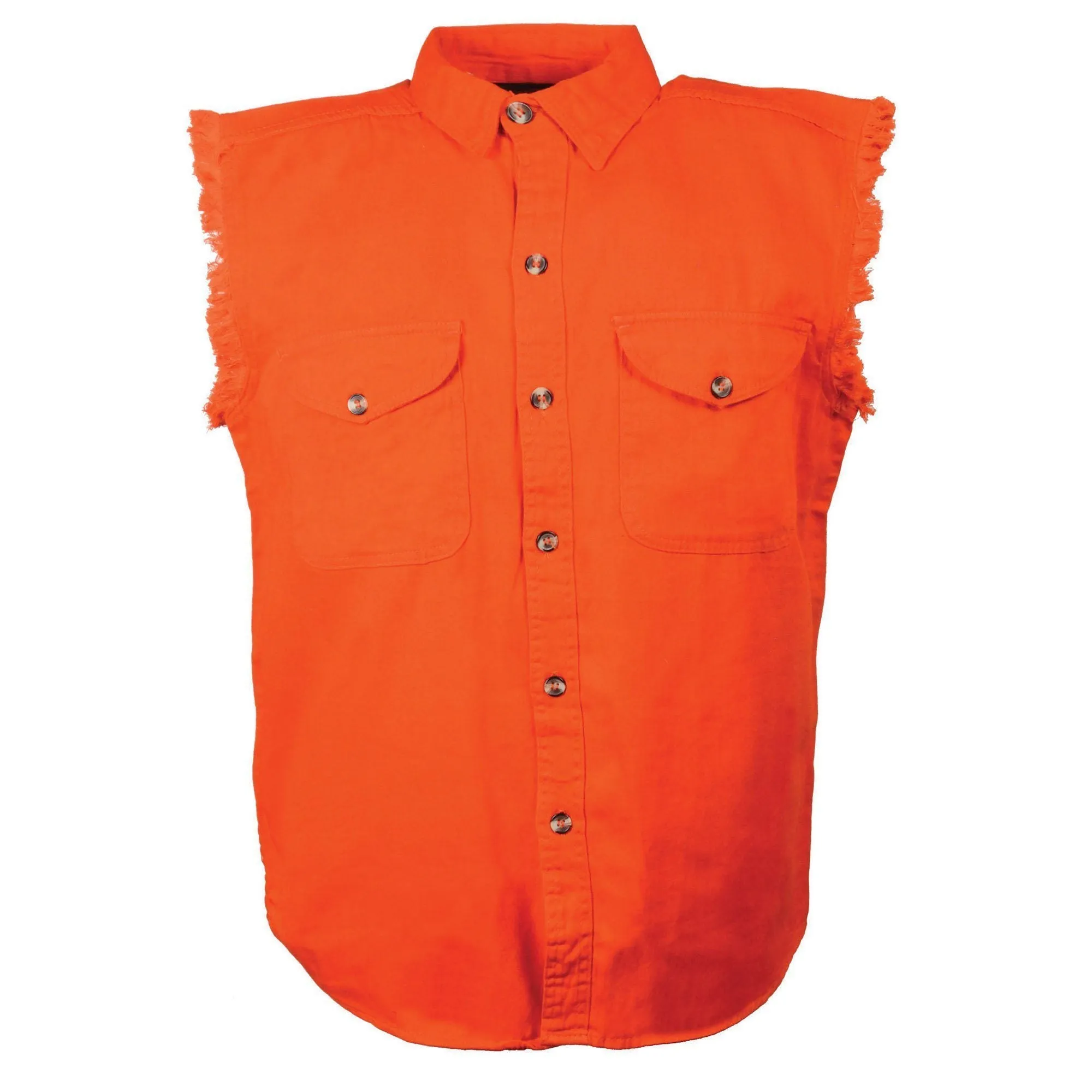 Milwaukee Leather DM1003 Men's Orange Lightweight Denim Shirt with Sleeveless Frayed Cut Off