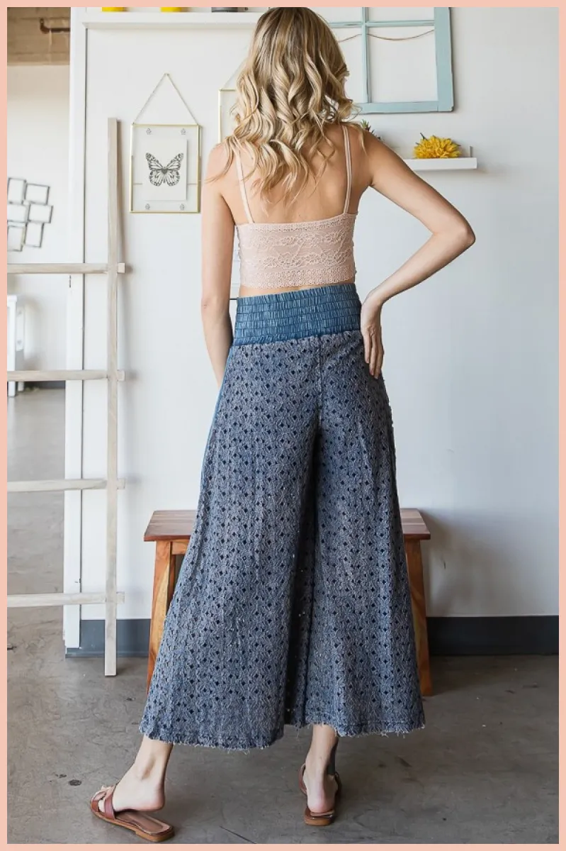 Mineral Washed Wide Leg Lace Pants