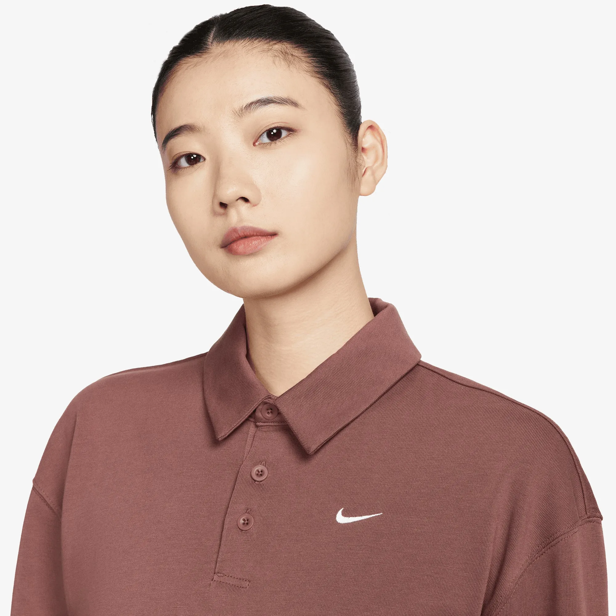 NIKE | WMN'S OVERSIZED LONG-SLEEVE POLO { RED SEPIA/SAIL