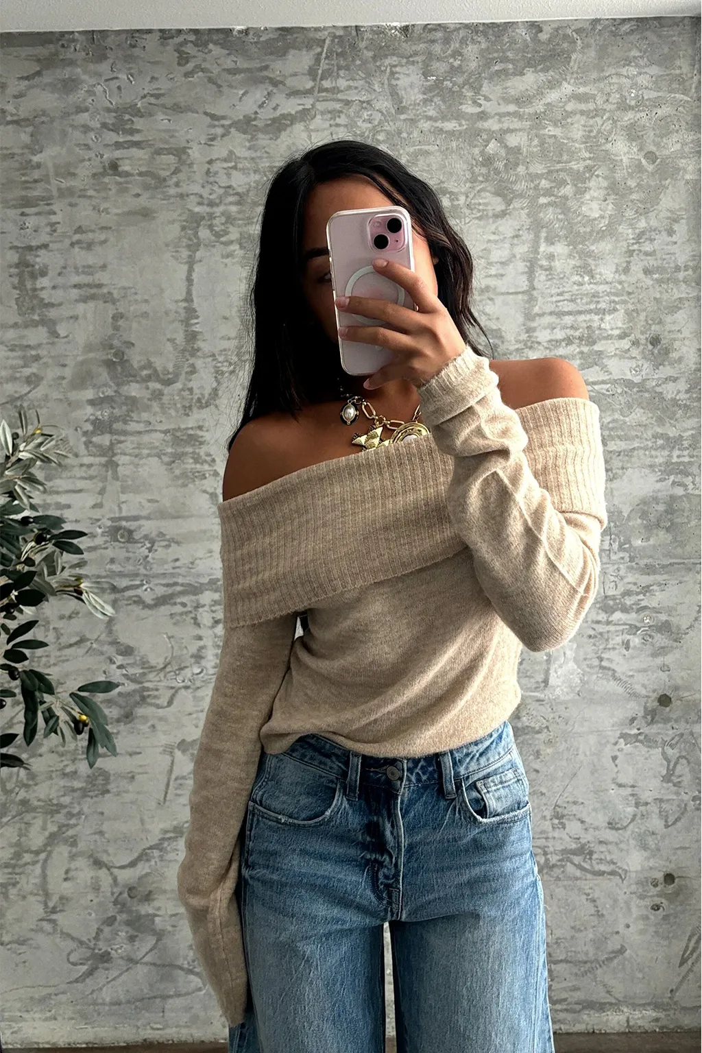 Nora Beige Off the Shoulder Sweater