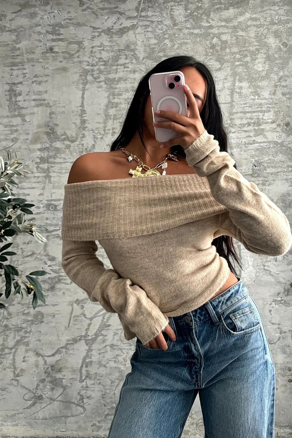 Nora Beige Off the Shoulder Sweater