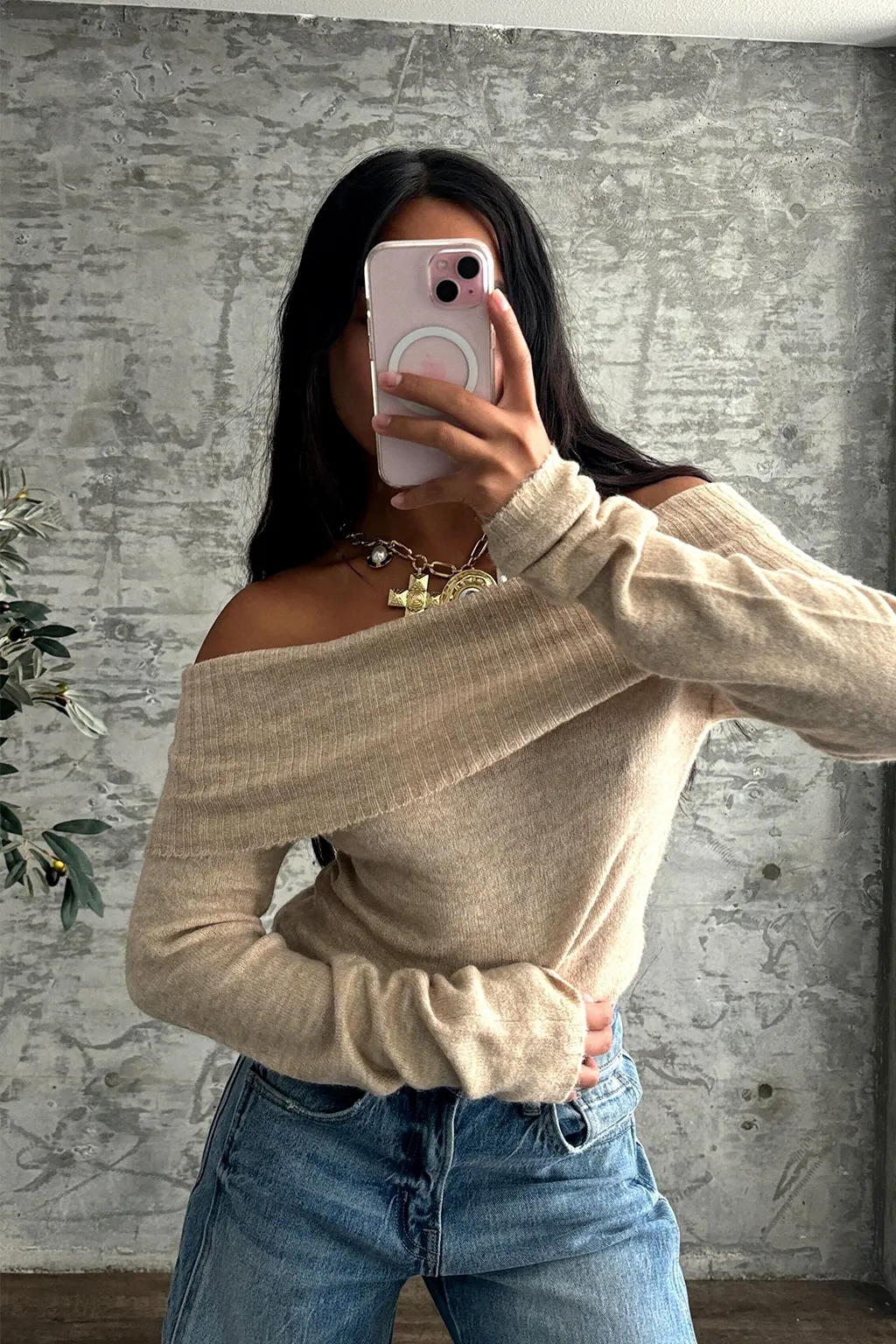 Nora Beige Off the Shoulder Sweater