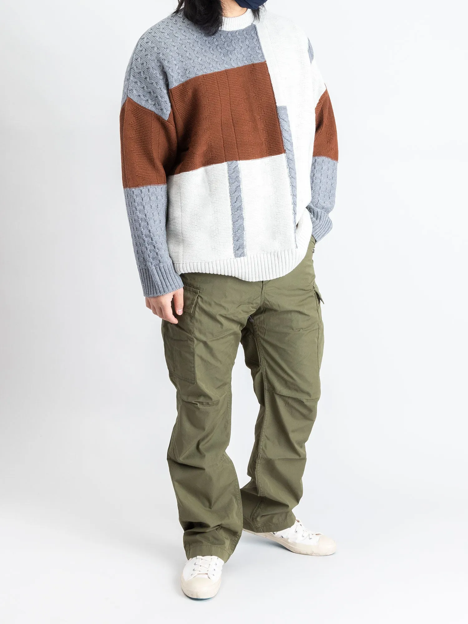 Patchwork Knit Crewneck Sweater in Brown