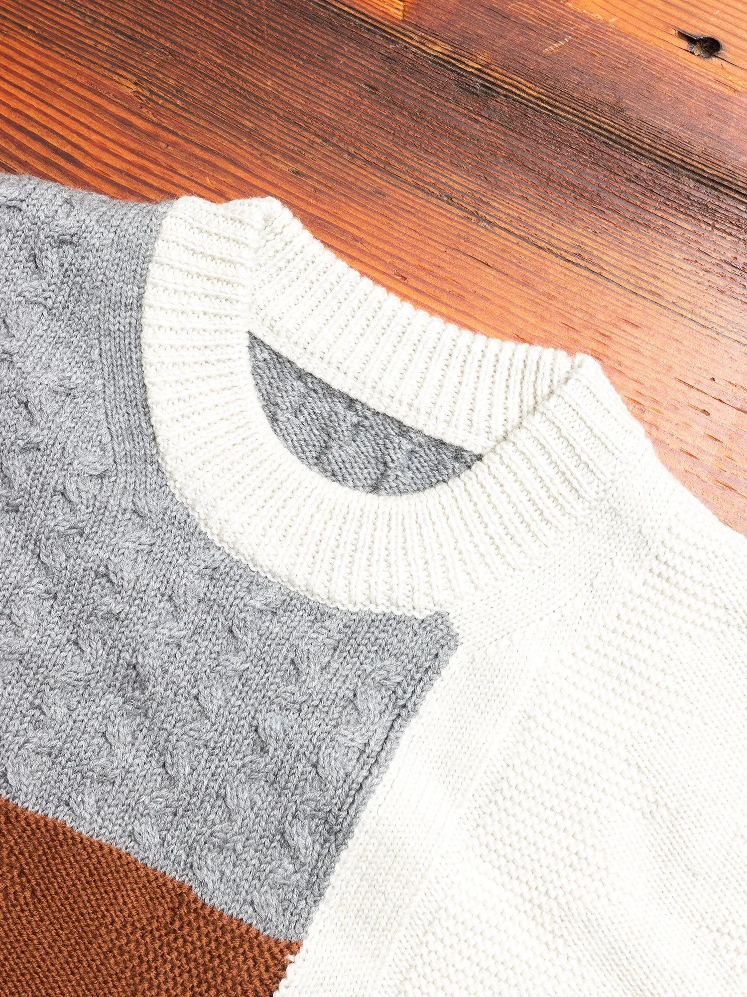 Patchwork Knit Crewneck Sweater in Brown