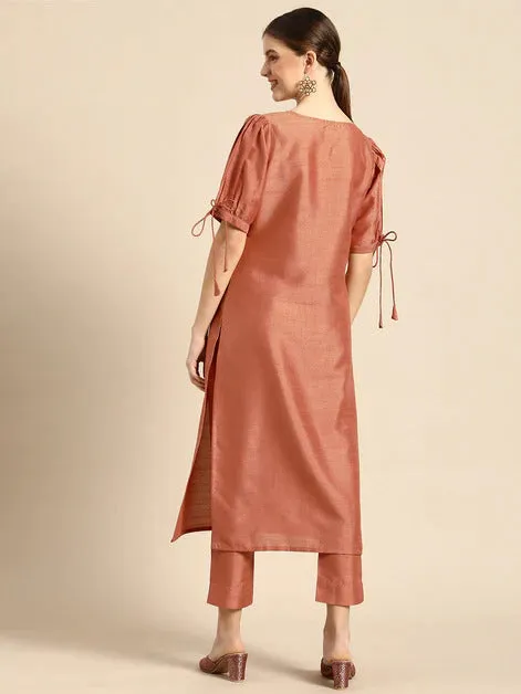 Peach Poly silk Kurta with Pants Set