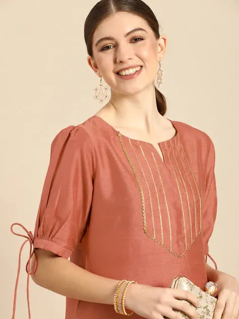 Peach Poly silk Kurta with Pants Set