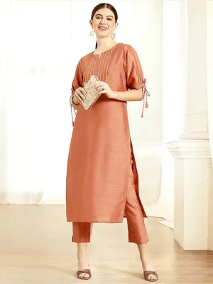 Peach Poly silk Kurta with Pants Set