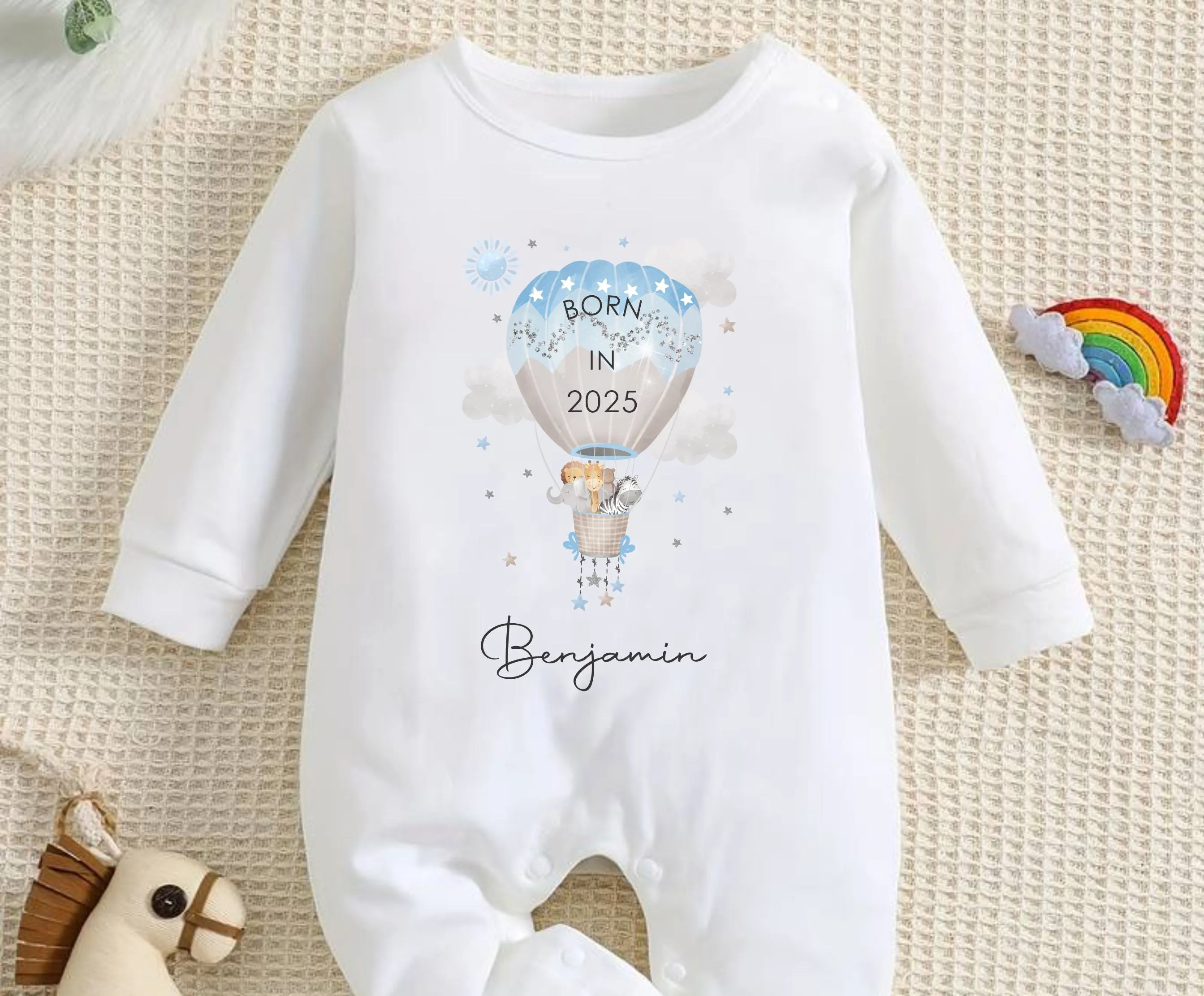 Personalised Born In 2025 Baby Rompersuit or Vest -  Balloon Animals