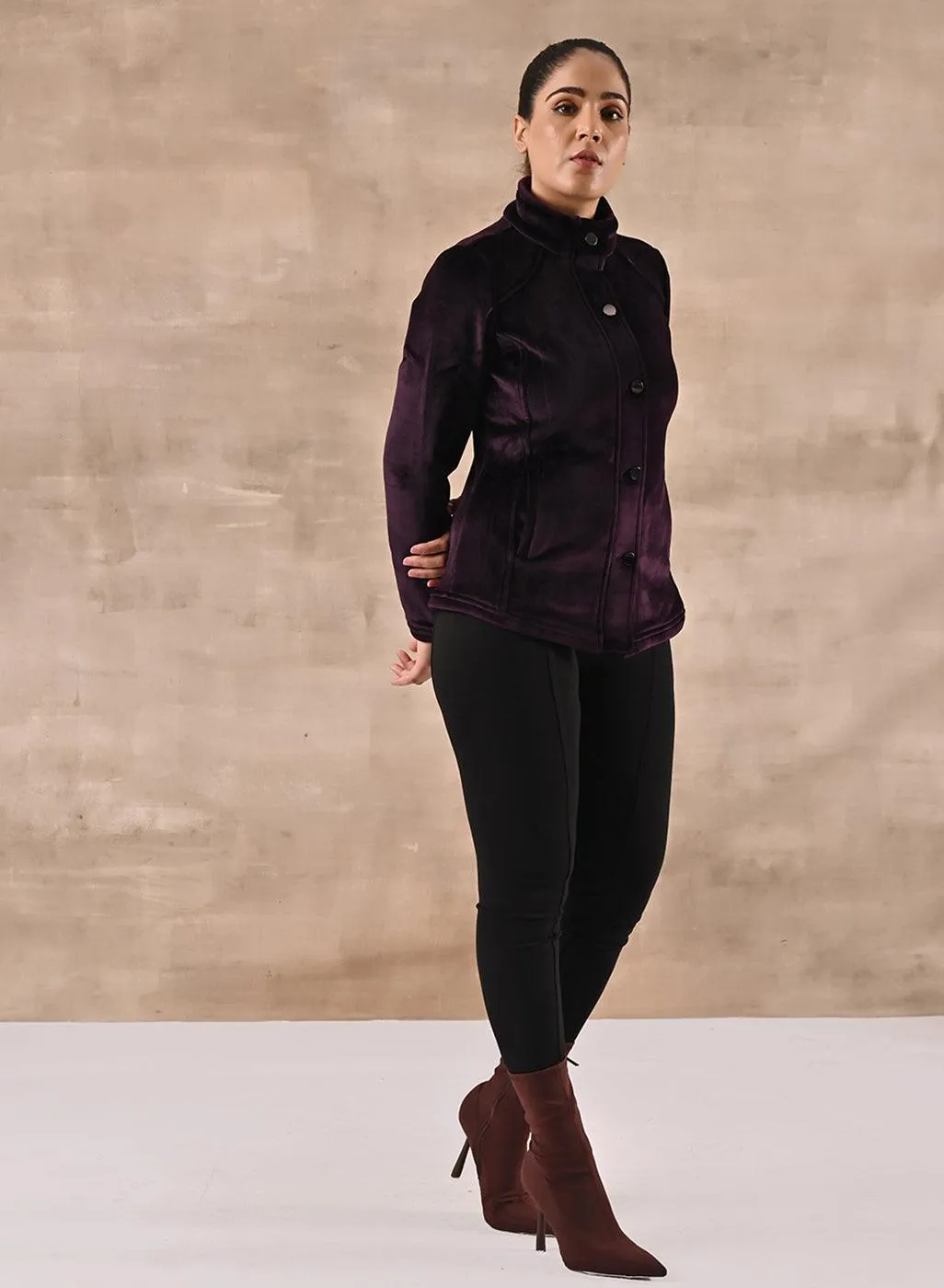 Purple Corduroy High Neck Jacket with Button Detailing