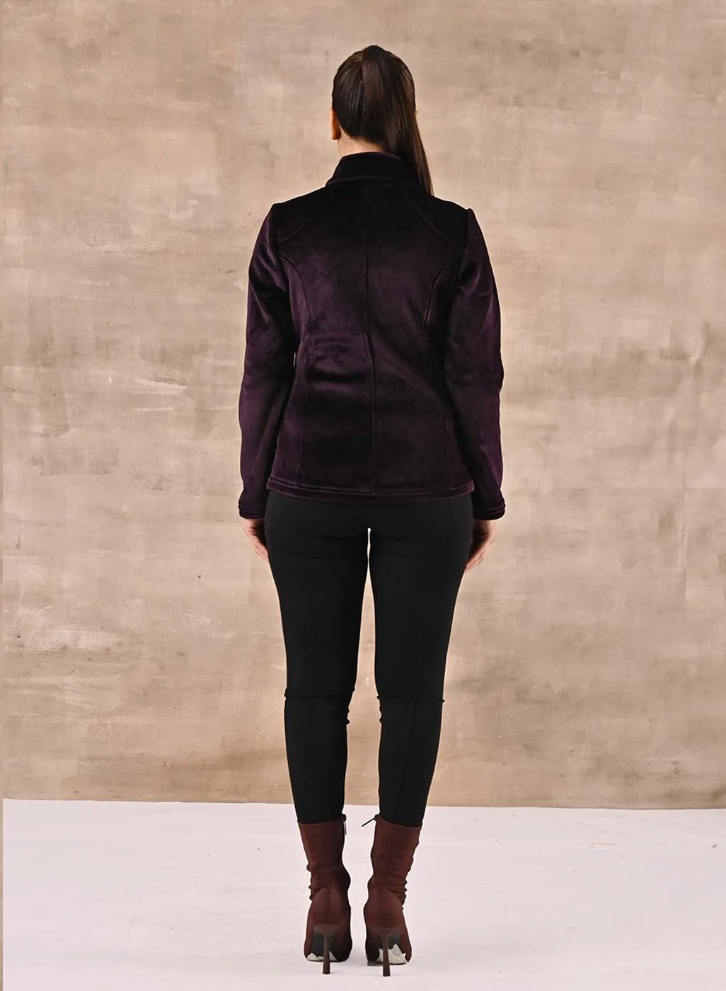 Purple Corduroy High Neck Jacket with Button Detailing