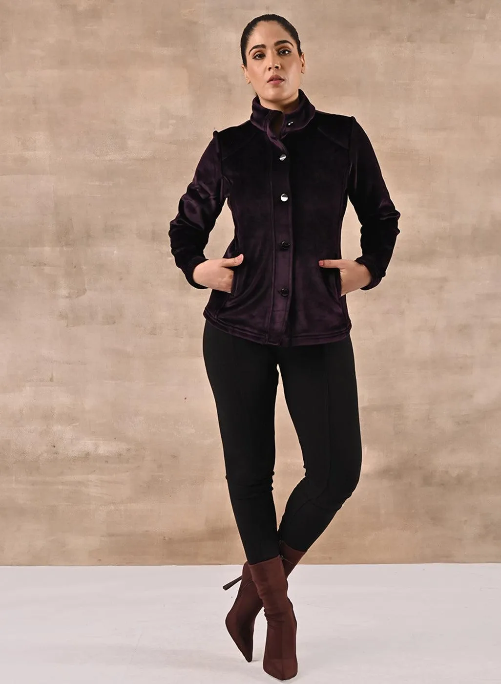 Purple Corduroy High Neck Jacket with Button Detailing