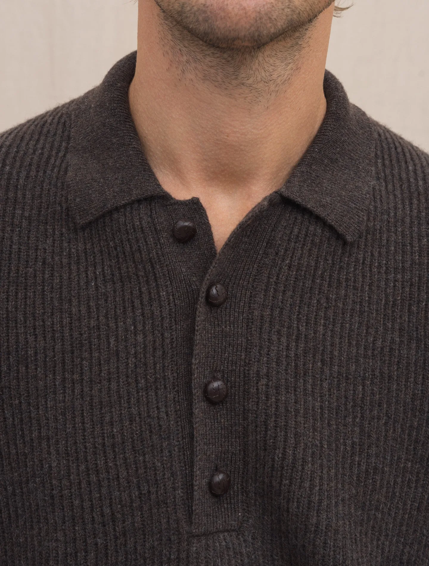 Rib-Knitted Wool Polo Shirt Brwon