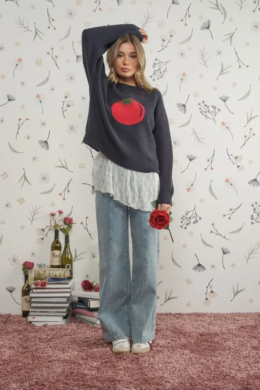 Roma Tomato Intarsia Knit Crew Sweater